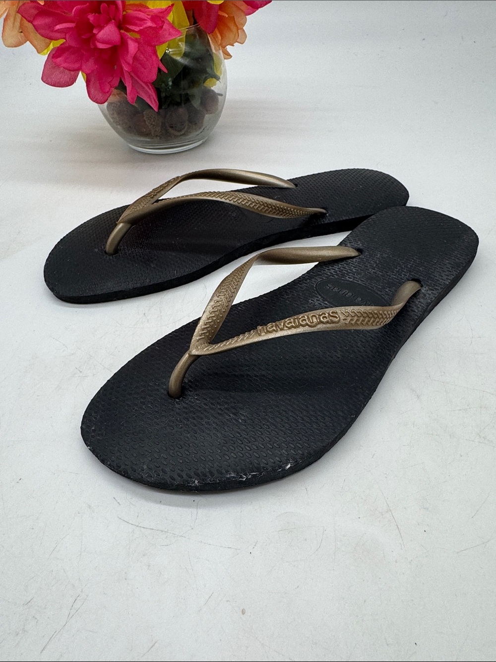 Havaianas Black Flip Flops with Gold Straps Size 39-40